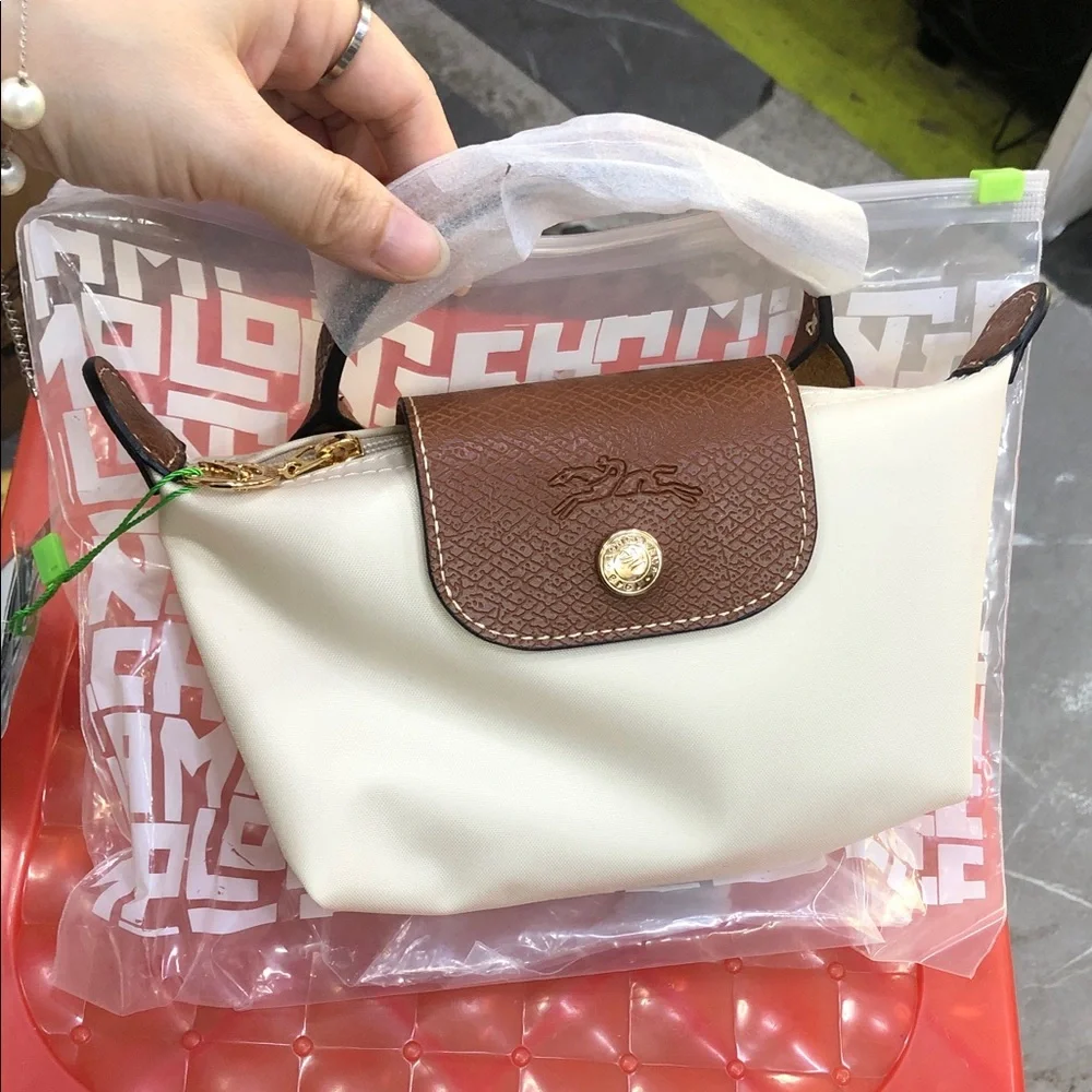 Longchamp Cream and Brown Small Top-Handle Cosmetic Pouch